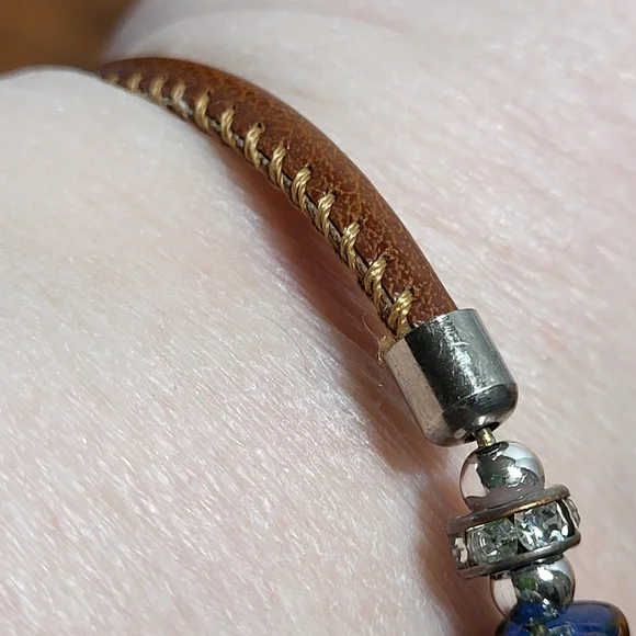 Amber and Blue Dichroic Glass Faux Leather and Rhinestone Tension Bracelet - Picture 4 of 12